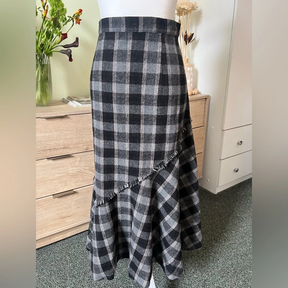 Plaid Check Ruffle Asymmetrical Midi Knee-Length High-Waist Modest Fringe Skirt - Picture 11 of 16